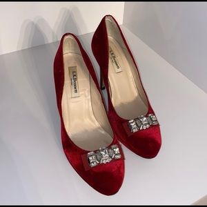 L.K. Bennett red velvet crystal shoes